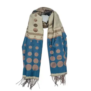 Beautiful Tan and Blue Cashmere Pashmina with Polka Dots and Moons