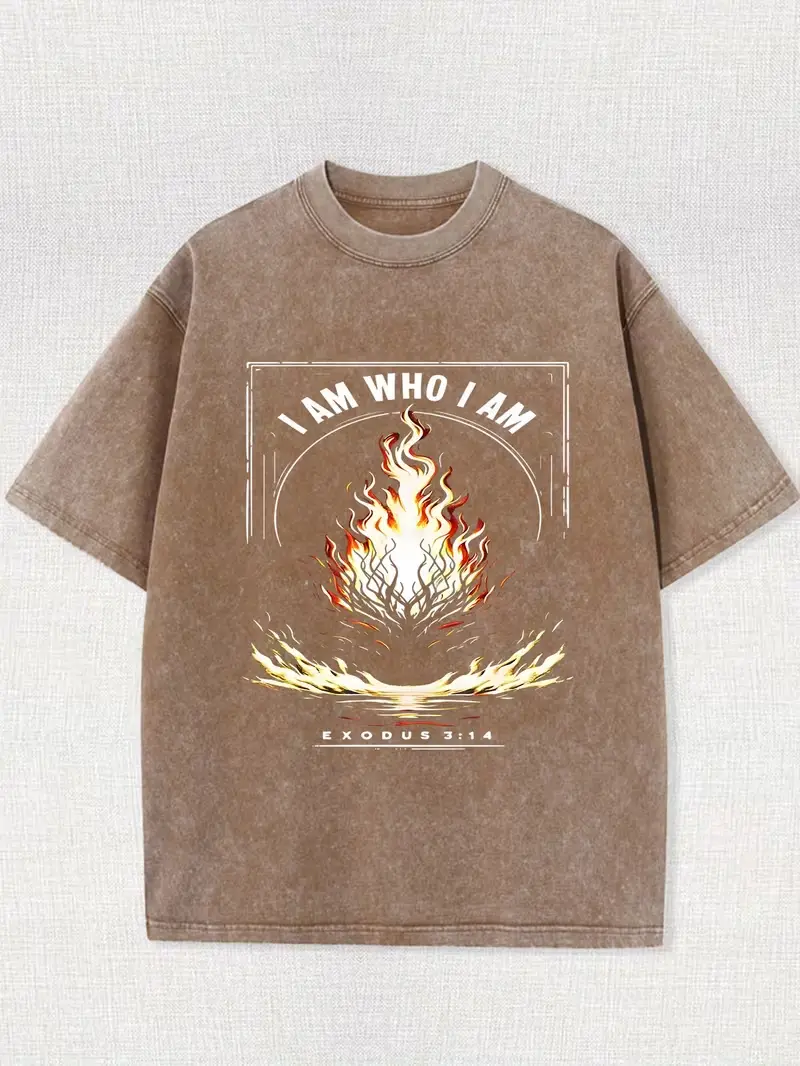 Vintage Mineral Wash Brown 100% Cotton Burning Bush "I Am Who I Am Exodus 3:14" Retro Bible Verse Christian Graphic T-Shirt, Western Faith Oversized Casual Top
