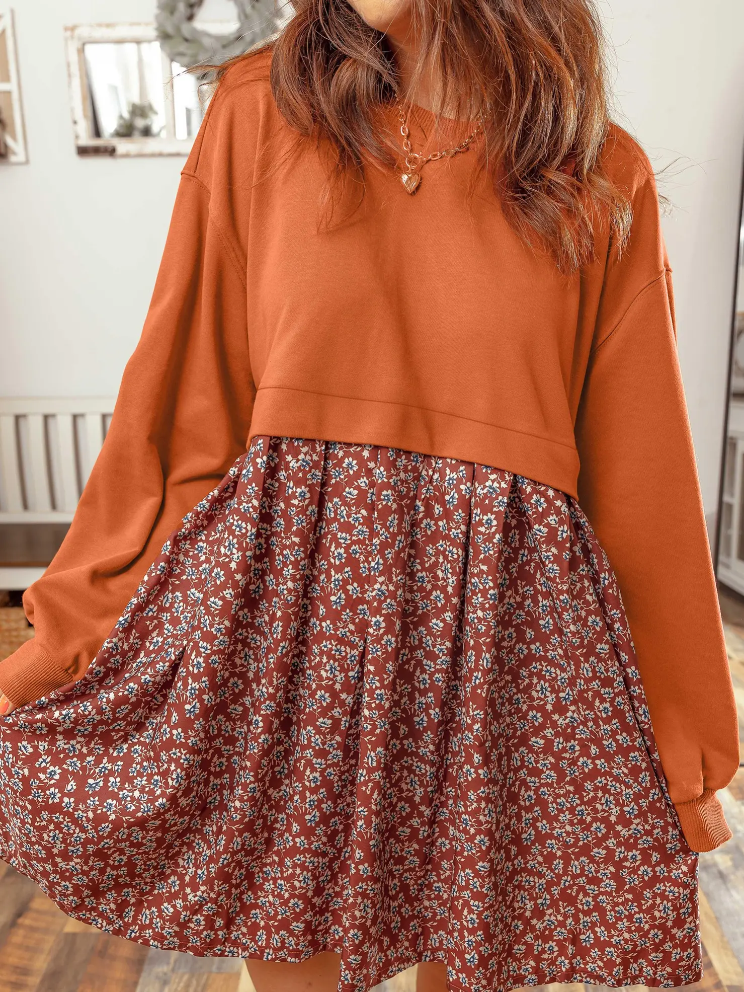 Women's 2-in-1 Patchwork Floral Mini Dress, Long Sleeve Round Neck Sweatshirt Dress, High Waist Flared Loose Fit Casual Fall Dress, Back to School Everyday Outfit #FallFashion #FallOutfits