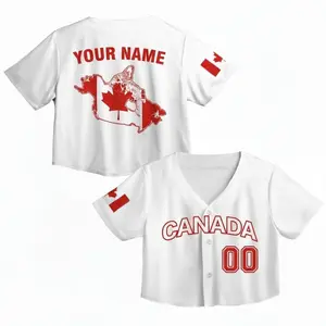 Custom Canada Flag Baseball Jersey Crop Top – Personalized Name & Number, White Red Sleeve Custom Fan Jersey for Women