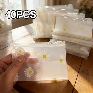 40PCS Daisy Pattern Frosted Plastic Zipper Bags - Reusable Storage Bags for Office Supplies, Crafts, Jewelry & Stationery - Vibrant F