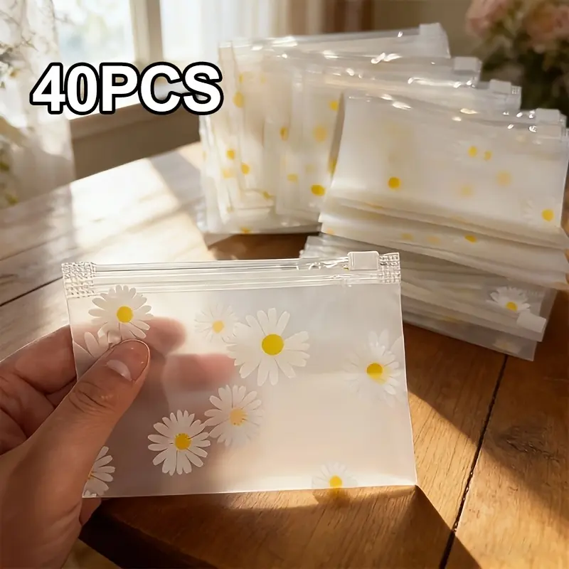 40PCS Floral Daisy Pattern Frosted Plastic Organiser Resealable Zipper Bags, Plastic Organizer Pouches - Reusable Storage Bags for Office Supplies, Crafts, Jewelry & Stationery - Vibrant F