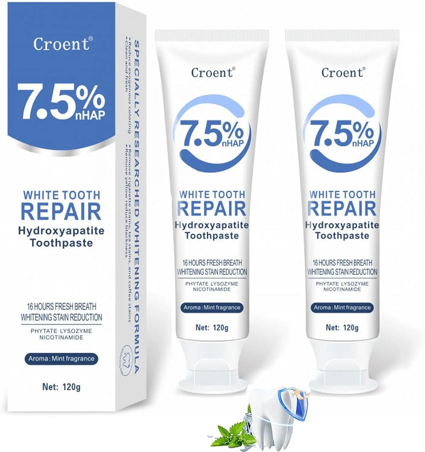 7.5% Hydroxyapatite Toothpaste for Enamel Protection and Tooth Strengthening, White Tooth Repair, Nano Hydroxyapatite Toothpaste, Sensitive Teeth, Gentle Mint, Daily Use for Oral Health Whitening