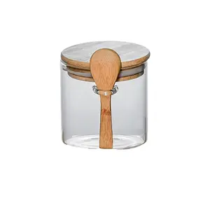 2 Pack Airtight Glass Storage Jars with Bamboo Lids & Hanging Spoons, Food Grade Clear Glass Canisters Set, Leak Proof Kitchen Pantry Organizer for Coffee Grains Pasta Snacks Dry Food