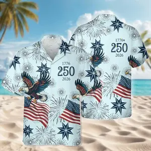 USA 250th Anniversary Hawaii Shirt, 1776-2026 Patriotic Eagle Button Down Hawaiian Shirt, Hawaiian Button Up Shirt, Short Sleeve Tropical Style, Casual Beachwear