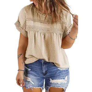 Women Plus Size Tops Crewneck Short Sleeve Lace Crochet Loose Casual Summer Blouses Shirts(1X-5X)