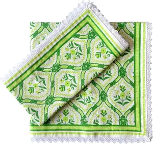 FINGERCRAFT Dinner Cloth Napkin Cotton Linen Blend 12 Pack Mitered Corners with Elegant Lace for Everyday Use Napkins are Pre Shrunk and Good Absorbency (Green Damask Lace, 20in x 20in)