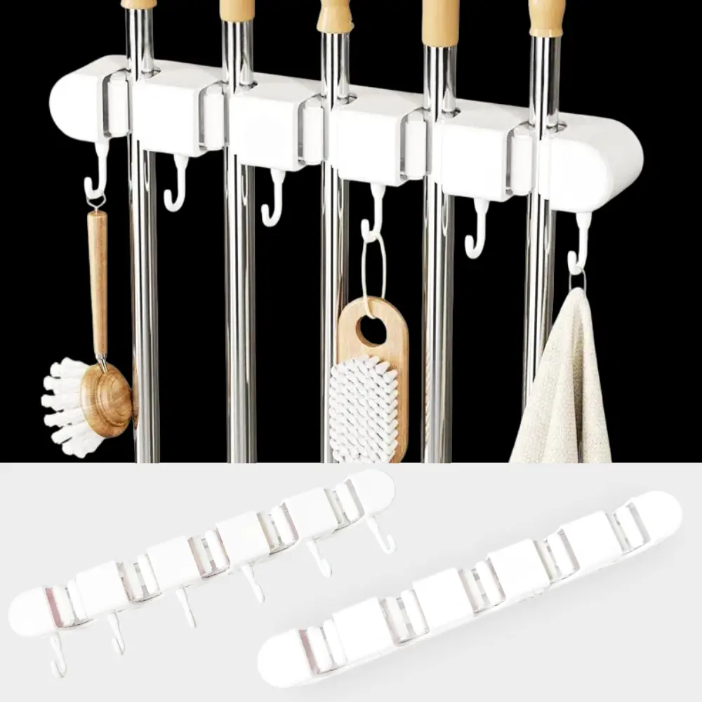 5 Racks 6 Hooks Mop Holder Broom Holders Wall Mount Shelf Adhesive Heavy Duty Organizer for Home Kitchen Laundry Garage Hangable
