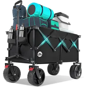 220L Wagons Carts Foldable with Big -Terrian Beach Wheels, Collapsible Heavy DutyWagon with Cup Holders,  Folding Wagon,Foldable Wagon for Camping, Garden, . Black