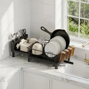 Large Dish Drying Rack with Drainboard - Expandable Dish Racks for Kitchen Counter with Pan Slot, Anti-Rust Dish Drainer with Cup Holder and Utensil Holder, 18.7"-25.2" L x 12.6" W, Black