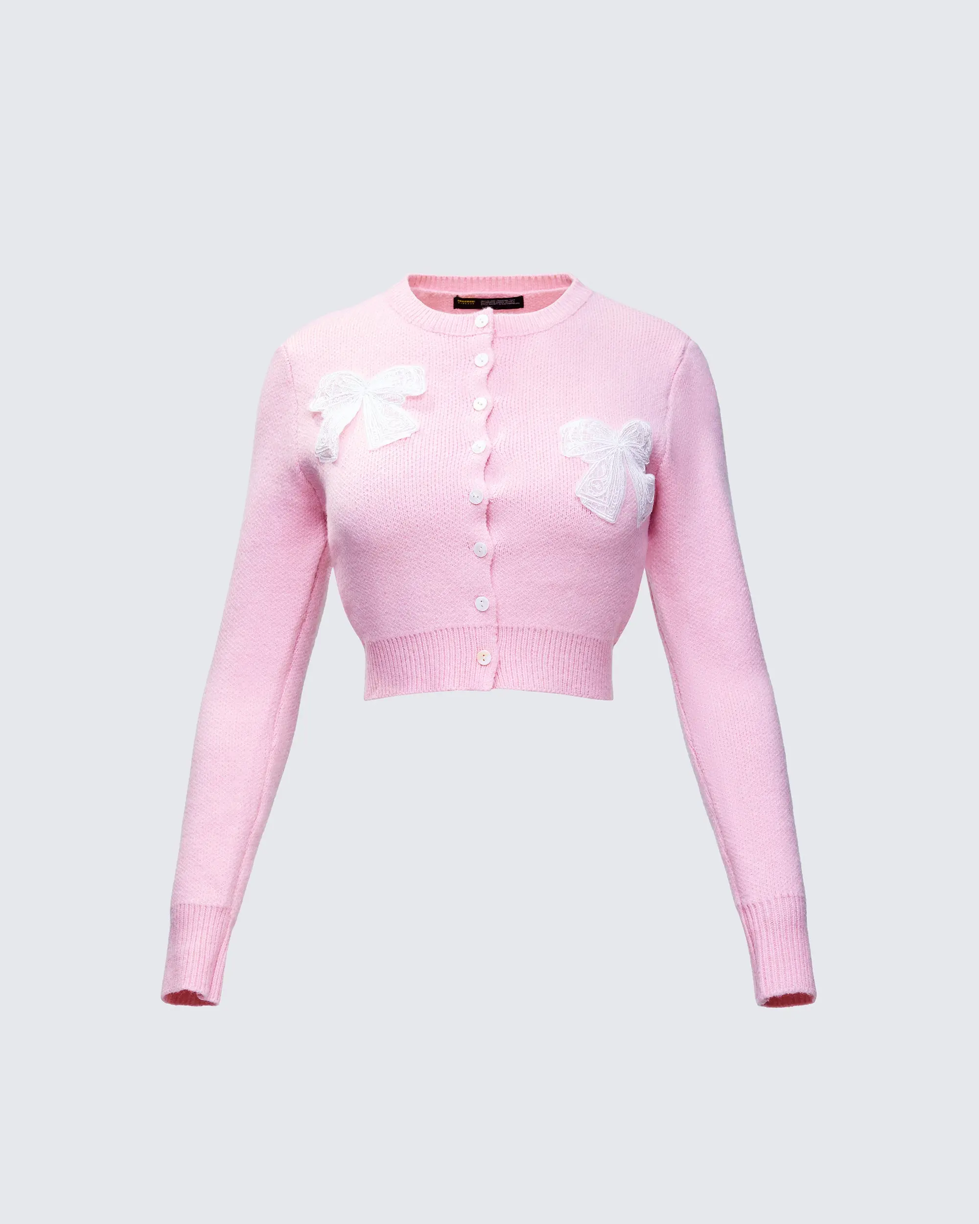 Women's Ribbed Cropped Fitted Crew Neck Polyamide Knitwear - Habibah Pink Bow Accents Button Cardigan Top, Casual