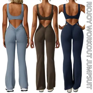 RIOJOY Women's Workout Jumpsuit Scrunch Leggings V Back Solid Backless Sleeveless Bodysuit Flare Leg Yoga Gym Ladies Romper Removable Built-In Padding Sportswear for All Seasons