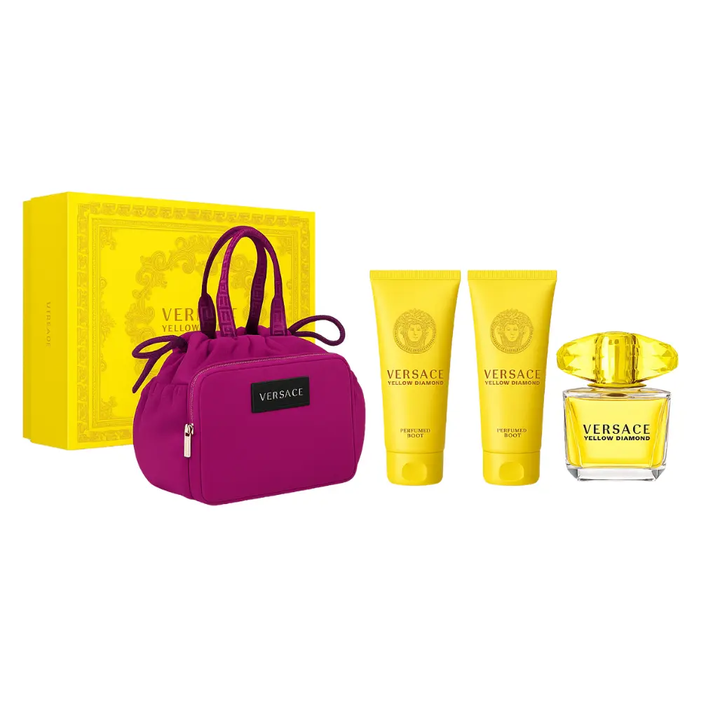 Versace Yellow Diamond 4-Piece Gift Set | Eau de Toilette 90 ml + Body Lotion 100 ml + Shower Gel 100 ml + Soft Make-Up Case