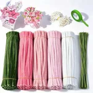400 pipe cleaner strips for crafts, 5 different colors of pipe cleaner strips in bulk, DIY flower making kit (including floral wire, gardening tape, and flower stamens) pink color