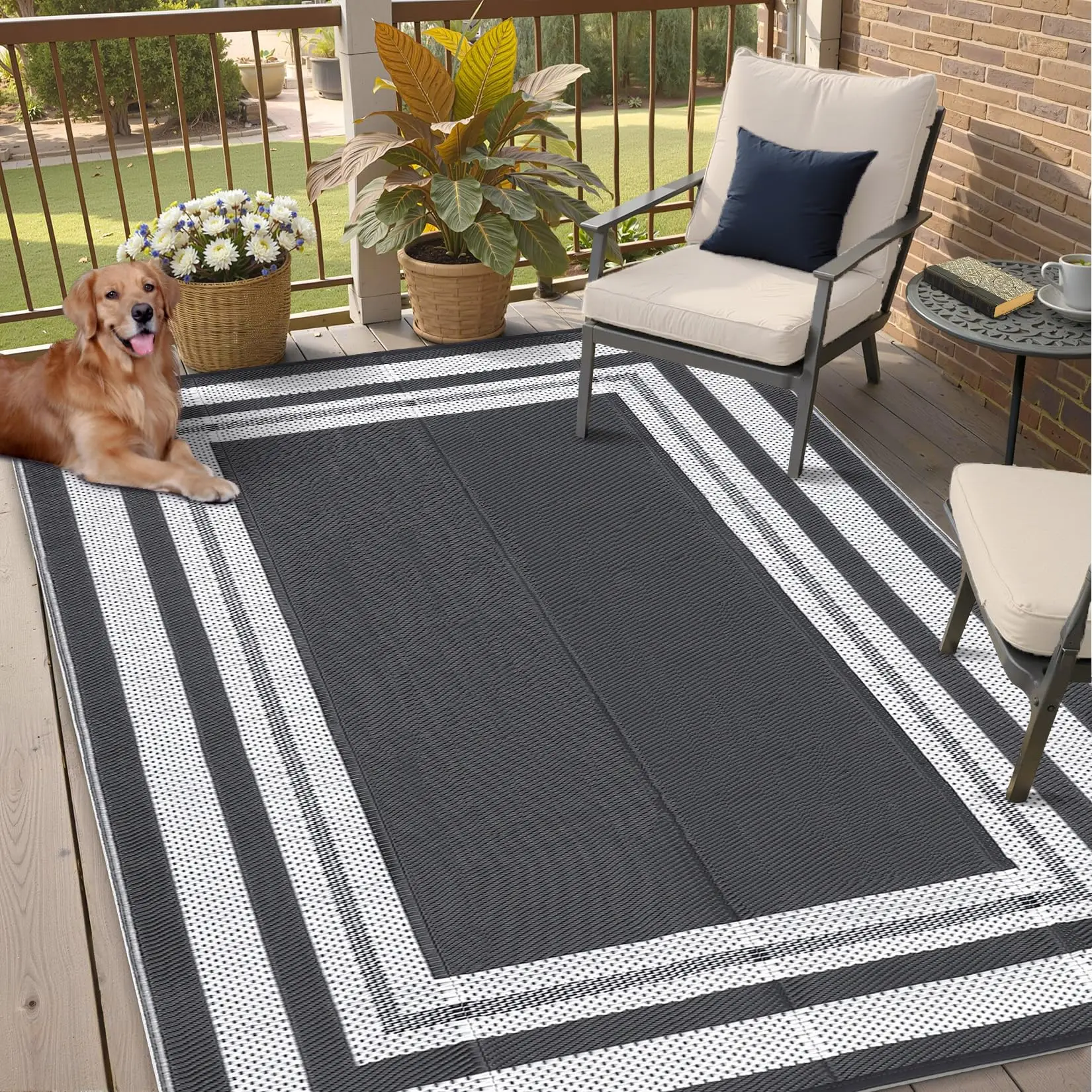 GARVEE 8x10 Outdoor Rug Waterproof & Reversible – Heavy Duty Plastic Straw Area Rug for Patio, RV, Camping, Deck, Balcony, Picnic, Beach – Weather Resistant, Easy Clean, Non-Slip Backing – Border Grey/White