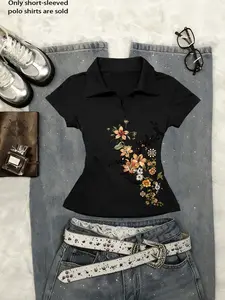 American Vintage Collar Shirt, Trendy Women's Simple Polo Slim Fit V-Neck Short Sleeve, Slimming Shoulder Womenswear T-Shirt New Arrival