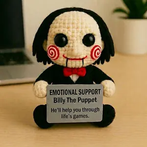 Emotional Support Billy the Puppet Crochet Doll, Creepy Cute Horror Plush Gift