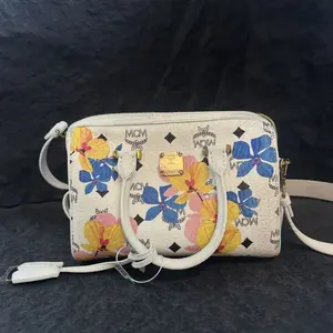 Pre-owned MCM Authentic Visetos White Floral Print Mini Boston Top Handle Crossbody Handbag