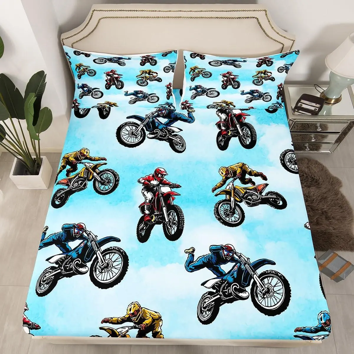 Feelyou Dirt Bike Fitted Sheet Set - Vibrant Motocross Print Sport Bedding, Elastic All Around Deep Pocket, Quick-Drying, for Kids Boys Dads, RV Room Decor, Blue