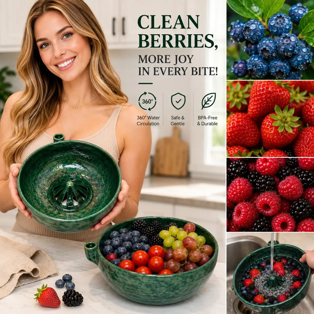Self-Rotating Berry Washing Bowl with Drain Hole, Self Spinning Berry Washing Bowl, 360 Degree Cleaning Fruit Swirl Colander Center Cone, Automatic Quick Kitchen Rinse washer for Berries Vegetables Serving, kitchen accessories, Kitchen Gadgets
