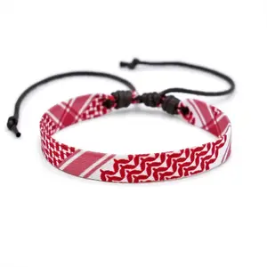 Keffiyeh Style Bracelet Red and White Patterned Design with Black Cord and Clasp Closure Trendy Stack Bangle Unisex Cotton Wrap Bracelet One Size Fits All