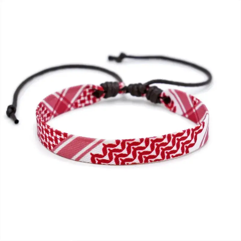 Unisex Keffiyeh Style Cotton Wrap Bracelet, Red and White Pattern, Black Cord with Clasp Closure, Trendy Stack Bangle, Adjustable Bracelet, 1 Size Fits All