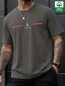 Men's Paris Eiffel Tower Print Slim Fit Long Sleeve Casual Top, 100% Cotton Comfortable Daily Wear, Stylish Design Without Zipper