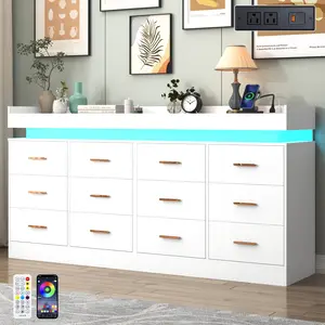 12 Drawer Dresser with LED Light and Charging Station, Modern Chest of Drawers for Closet, Wide Drawer Organizer Cabinet, Living Room, Entryway, Hallway, Black/White