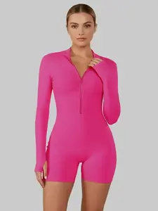 Quick-Dry Zipper One-Piece Yoga Suit Long Sleeve Shorts Naked Feel High Elastic Dance Fitness Tight Sports One-Piece