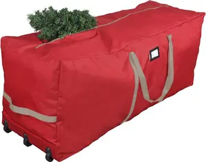 Rolling Christmas Tree Storage Bag, Fits Up to 9 ft. Xmas Tree, 28"x 16"x 60",  Heavy Duty Storage Container with Wheels and Handles, 600D Oxford (Red)