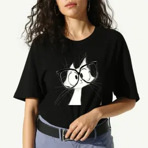 women's T-shirt Cat With Glasses Solid color printed short sleeved women's top White, black, khaki Fashion daily women's clothing