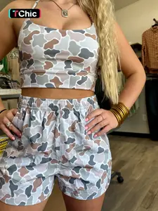 Summer Casual Camouflage Print Sleeveless Tank Top and High-Waisted Shorts Set, Comfortable Daily Wear, Trendy Summer Fashion Ensemble