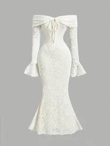 Women's Off-Shoulder Long Sleeve Ruched Tight Dress, New Year Party Dress, Valentine's Day Dress, Garden Party Dress, Graduation Gown