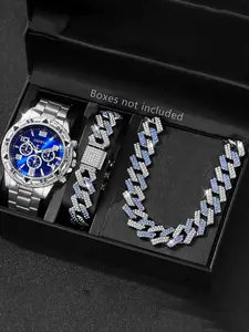 Men's Fashion Watch Set, Large Dial, Quartz Movement, Rhinestone Design, Round Analog Face, Sports Hip Hop Cuban Bracelet Necklace Jewelry
