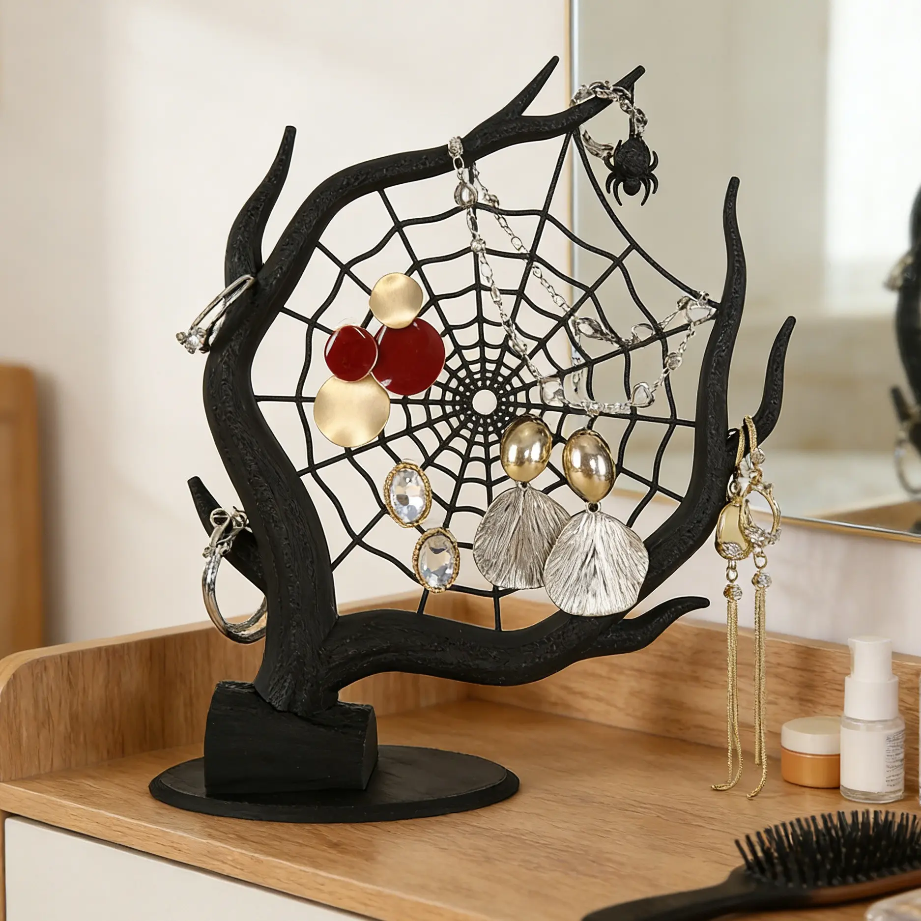 1pc Dark Gothic Spider Web Jewelry Organizer - Dead Tree-Shaped Accessory Storage Rack with Spider Decor for Earrings and Necklaces