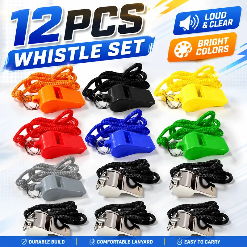 12 Pack Sports Whistles with Lanyards – Loud Clear Sound Coach Referee Whistle, Durable Plastic Outdoor Emergency Signaling with Black Neck Strap