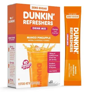 HOT! Dunkin Zero Sugar Refreshers Singles To Go! Powdered drink mix packets, Mango Pineapple,10 packets per box Energy from Green Tea, aspartame-free, no synthetic colors, naturally and artificially flavored, just add water