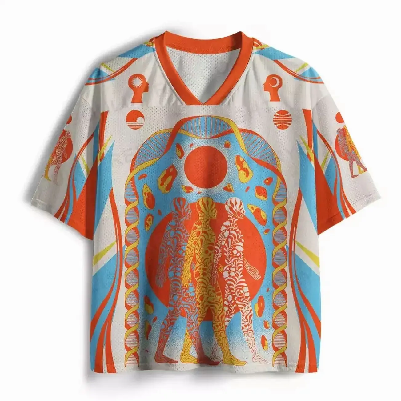Genetic Binary Being Mesh Jersey, Futuristic Digital Graphic Sports Shirt, Cyberpunk Y2K Techwear Streetwear Top, Abstract Genetic Code Design, Breathable Oversized Unisex Mesh Jersey, Trendy Casual Summer Shirt for Men & Women D9I
