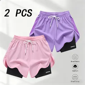 2PCS women’s casual sports pants featuring a double-layer design, solid color, inner lining, elastic drawstring waistband, and pockets on both sides. Suitable for outdoor workouts, running, sports, and everyday wear; women’s shorts #SummerVibes