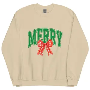 Merry Bowtie Sweatshirt for Women – Festive Christmas Crewneck with Bowtie Design, Cozy Holiday Outfit, Perfect Christmas Gift, Ready to Ship