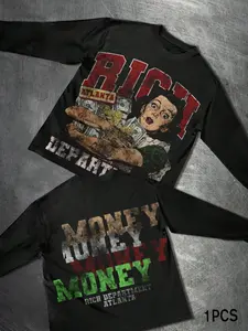 Men's Stylish Oversized Long Sleeve Shirt, Rich Atlanta Money Geometric Graphic Streetwear Tee, Sporty Slim-Fitting Short Top for Spring & Fall
