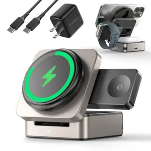 ZEEHOO 3-in-1 Foldable Magnetic Wireless Charging Station Qi2 Certified 15W Travel Charger Stand Dock for iPhone 17/16/15/14/13/12 Series Apple Watch AirPods 30W Adapter Included