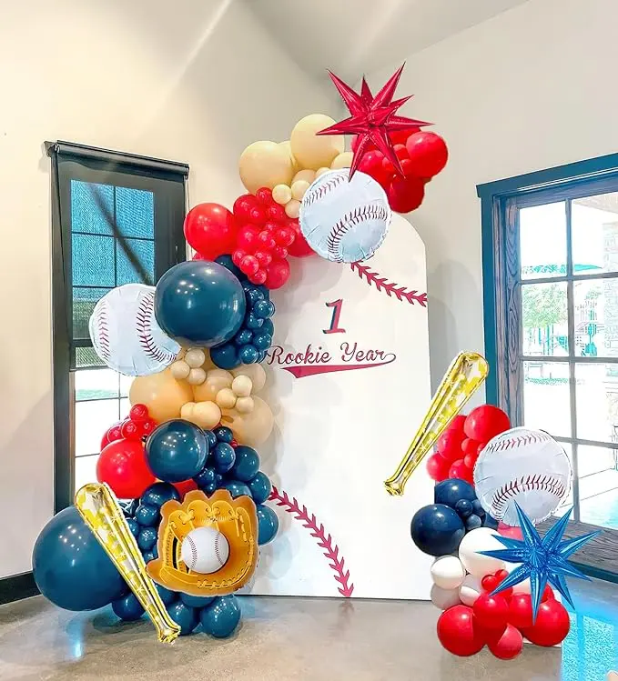 Baseball Theme Balloon Garland Arch Kit 126Pcs navy blue red black white and almond with foil starburst balloons for Sports rookie year 1st birthday party baseball baby shower supplies decorations