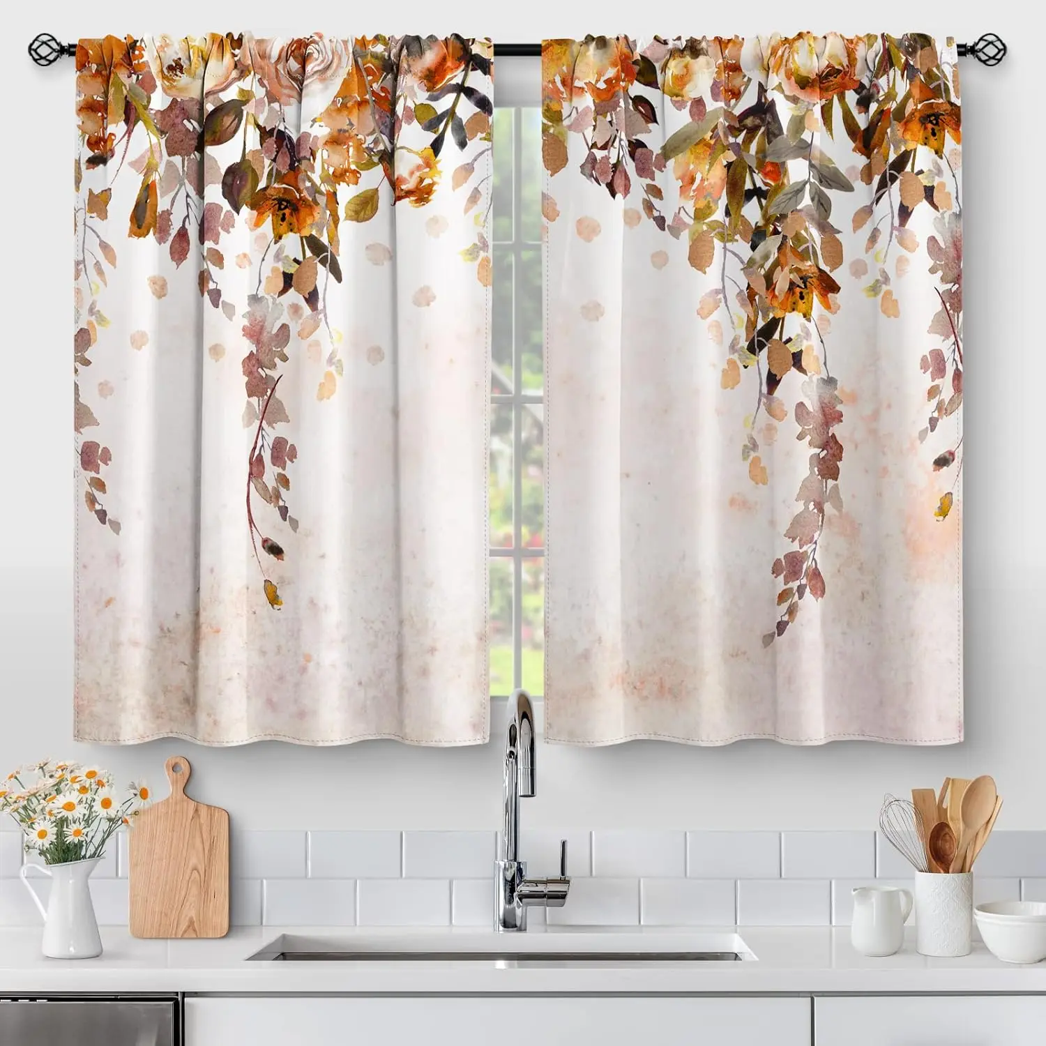 2-Panel Rustic Retro Watercolor Vintage Brown Flowers Rod Pocket Short Cafe Tier Curtains Set - Fall Leaves, Botanical Patterns, Sun Protection, Room Darken, Kitchen Accessories for Bathroom (27.5"x39")