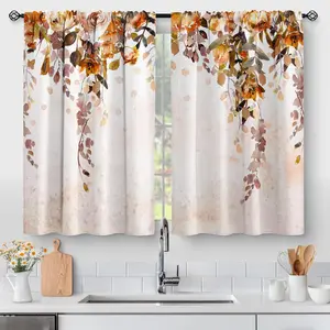 Fall Floral Leaves Kitchen Curtains - Rustic Watercolor Art Plant Flower Botanical Country Nature Short Cafe Tier Curtains Decor for Dining Room Rod Pocket Window Drapes 2 Panels Set 27.5"x39"