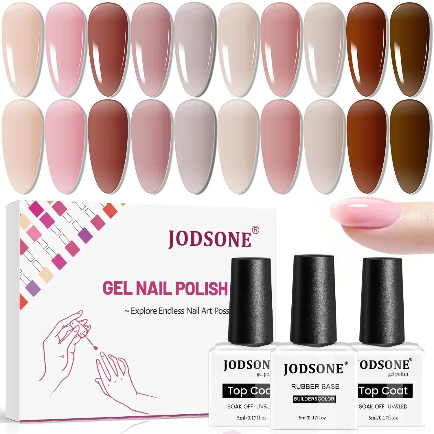 JODSONE 10 Colors Base Coat Builder Colors Gel 3-in-1 Jelly Gel Set with Top Coat Extension Strengthener Builder Gel Polish for Nails DIY Nail Art Gift for Women