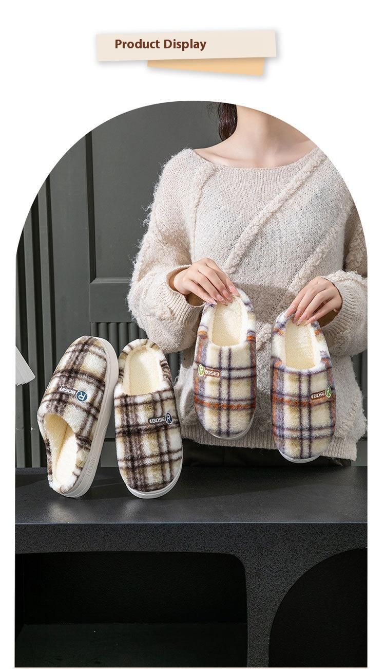Women's Home Plush Warm Non-slip Plaid Cotton Shoes