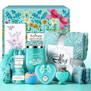 Birthday Gifts for Women, Thinking of You Gift Care Package with Luxury Flannel Blanket for Women Mom Her Wife Friends Sister, Blue Self Care Spa Relaxing Baskets for Christmas Valentines Mothers Day Aofmee