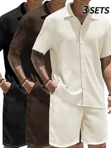 Summer ice silk textured short-sleeve shirt set with knee-length shorts — two-piece sports casual set for beachwear