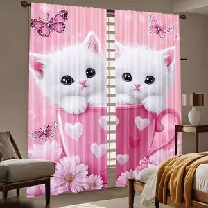 Cute Cup Cat Print Curtains, 2 Piece Set Modern Design, Durable Polyester Fabric, Ideal for Living Room and Bedroom Home Decor